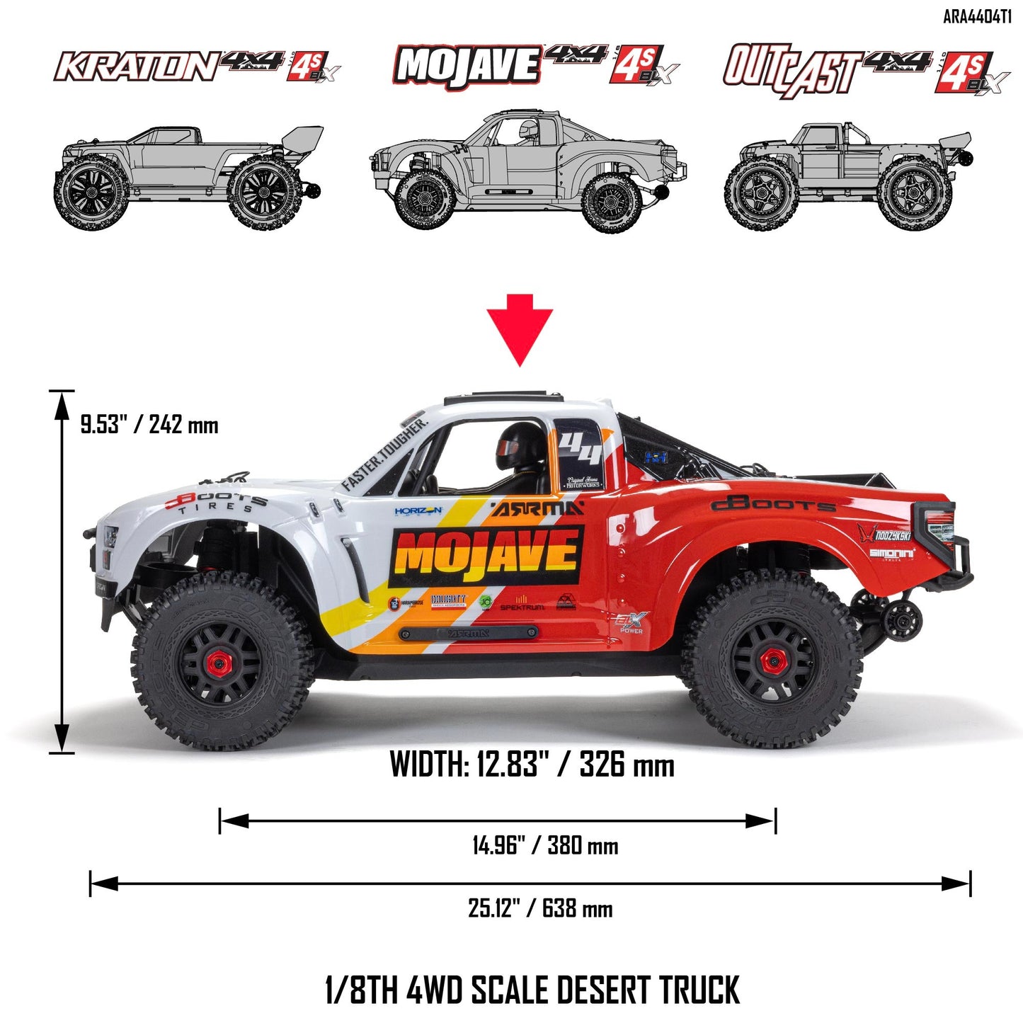 MOJAVE 4X4 4S BLX 1/8th Scale Desert Trk White/Red ARA4404T1