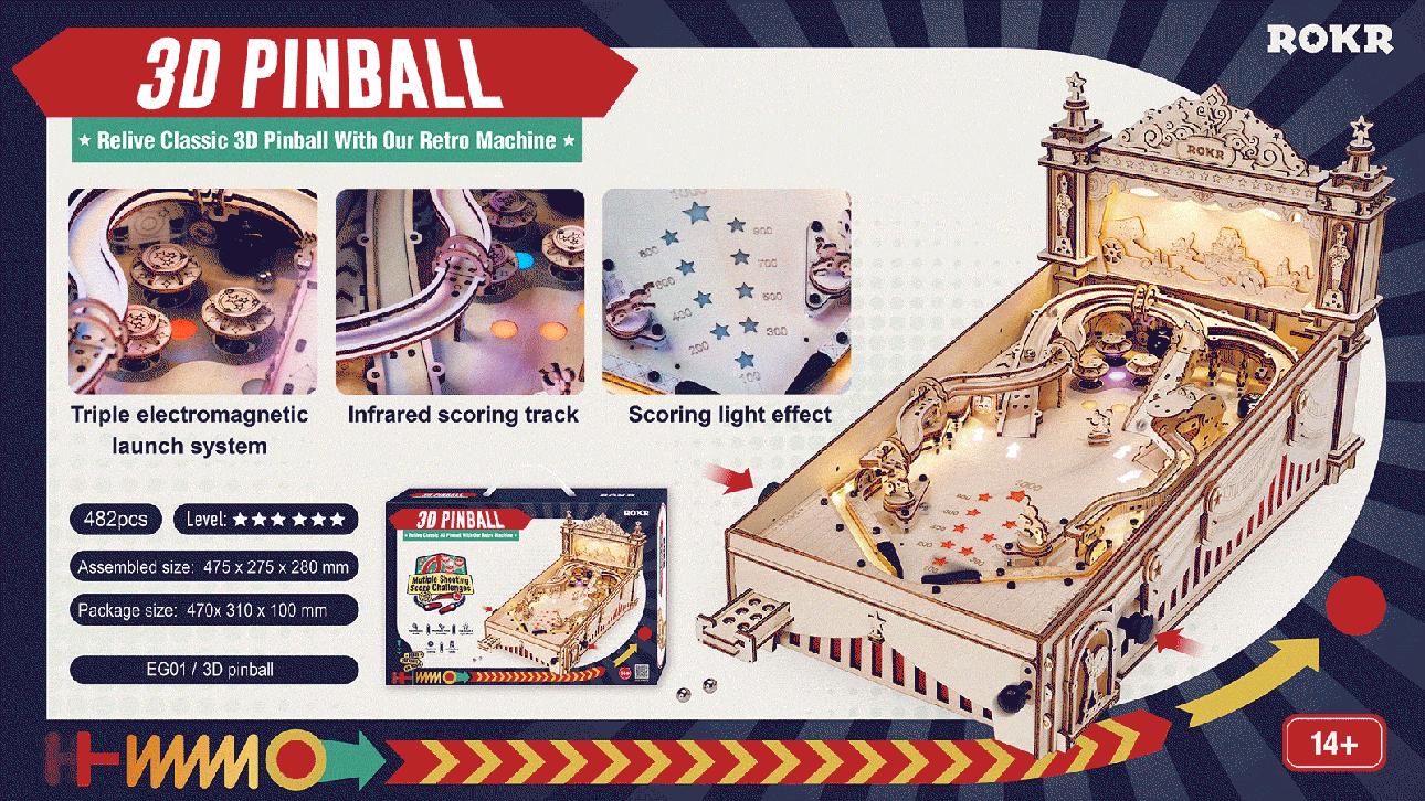 ROKR 3D Pinball Machine 3D Wooden Puzzle ROEEG01
