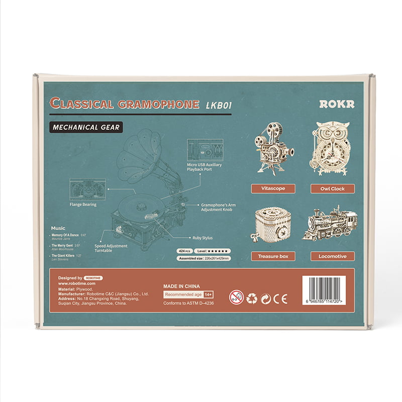 ROKR DIY Crank Classic Gramophone (Hand Rotating) LKB01