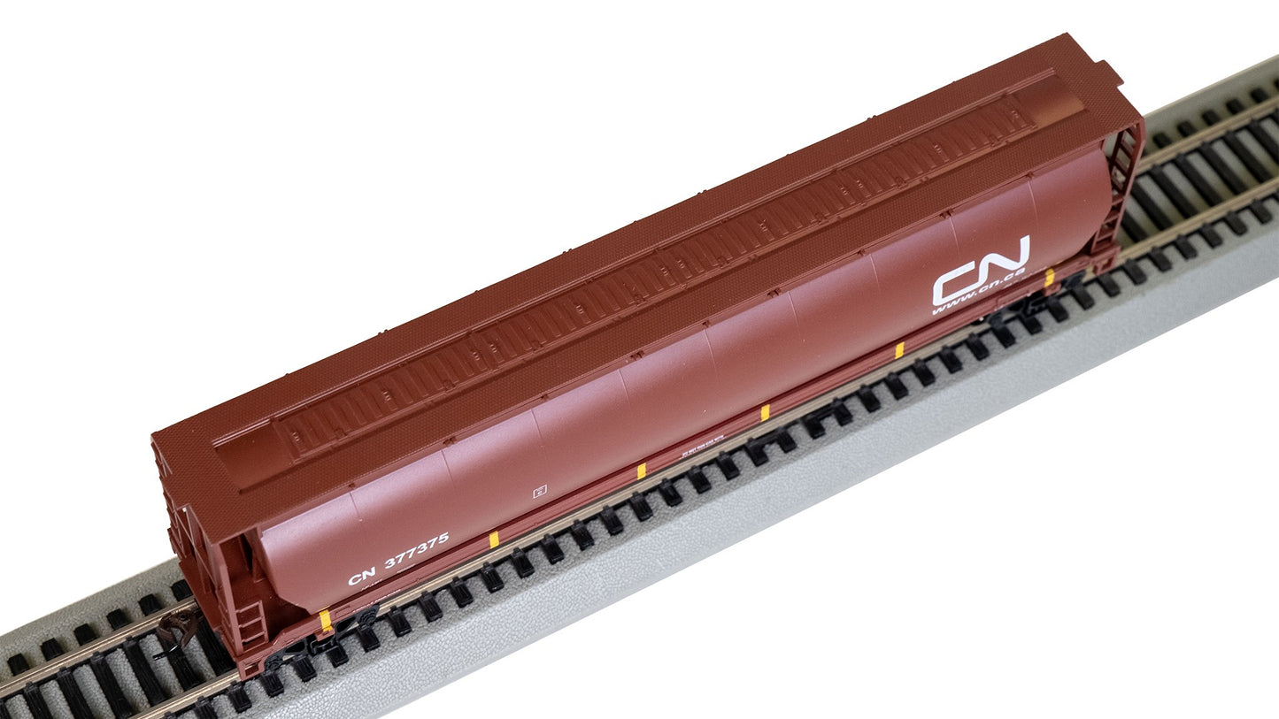 HO Rolling Canadian 4 Bay Cylindrical Grain Hopper - CN #377375 (Oxide Red)