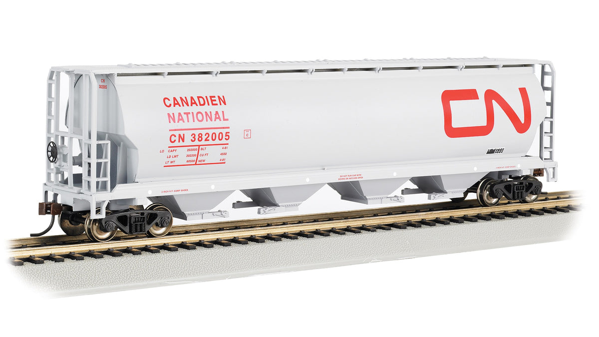 HO Rolling Canadian 4 Bay Cylindrical Grain Hopper - Canadian National #382005