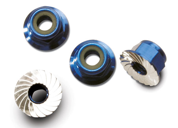 TRA1747R Traxxas 4mm Aluminum Flanged Serrated Nuts (Blue) (4)