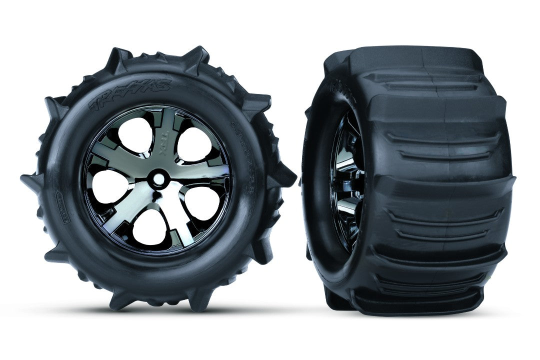 Traxxas Tires & Wheels, Assembled, Glued (2.8") (All-Star Black Chrome Wheels, Paddle Tires, Foam Inserts) (Electric Rear) (2) (TSM Rated) TRA3689