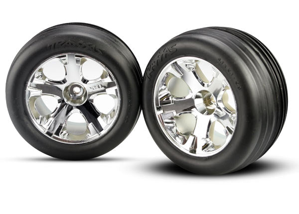 TRA3771 Traxxas Traxxas Tires & wheels, assembled, glued (2.8")(All-Star chrome wheels, Ribbed tires, foam inserts) (electric front)