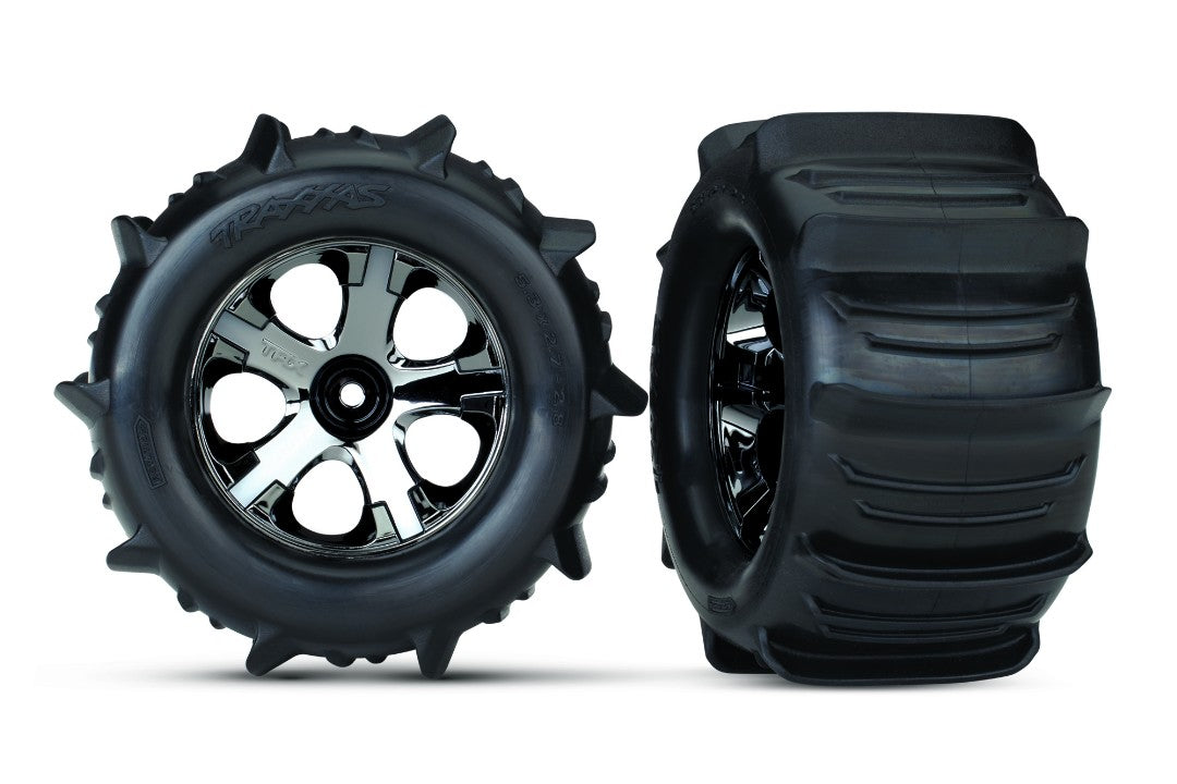 TRA4175 Traxxas Tires & Wheels, Assembled, Glued (2.8") (All-Star Black Chrome Wheels, Paddle Tires, Foam Inserts) (Nitro Rear/Electric Front) (2) (TSM Rated)