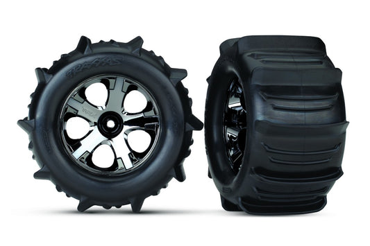 TRA4175 Traxxas Tires & Wheels, Assembled, Glued (2.8") (All-Star Black Chrome Wheels, Paddle Tires, Foam Inserts) (Nitro Rear/Electric Front) (2) (TSM Rated)