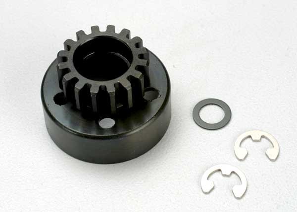 TRA5215 Traxxas, Clutch bell (15-tooth)/5x8x0.5mm fiber washer (2)/ 5mm e-clip (requires 5x11x4mm ball bearings part #4611)