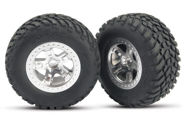 TRA5873 Traxxas Tires & wheels, assembled, glued (SCT satin chrome, beadlock style wheels, SCT off-road racing tires, foam inserts) (2)