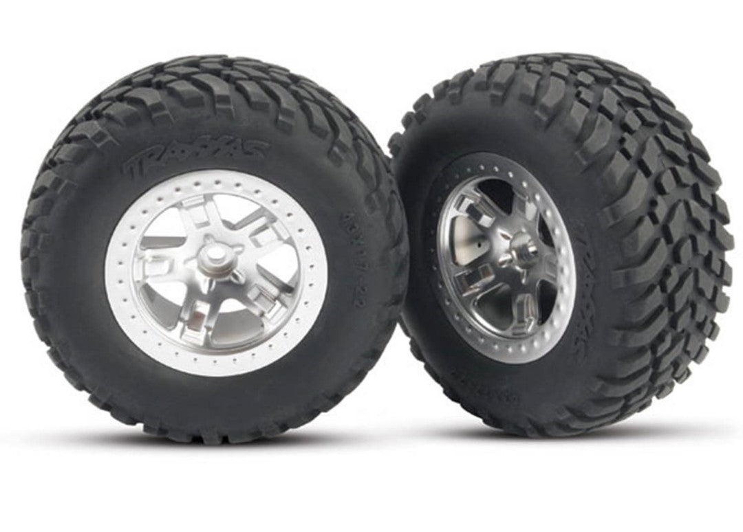 TRA5875 Traxxas Tire & Wheels, Assembled, Glued. (SCT Satin Chrome, Beadlock Style Wheels, SCT off-roading Racing Tires (2)