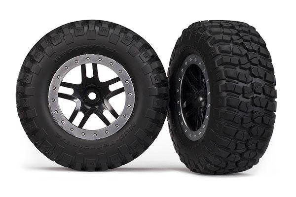 TRA5883 Traxxas Tires & wheels, assembled, glued (SCT Split-Spoke, black, satin chrome beadlock wheels, BFGoodrich Mud-Terrain T/A KM2 tire, foam inserts )4WD front/rear, 2WD rear)