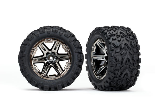 TRA6774X Traxxas Tires & wheels, assembled, glued (2.8') (RXT black chrome wheels, Talon Extreme tires, foam inserts) (2WD electric rear) (2) (TSM rated)
