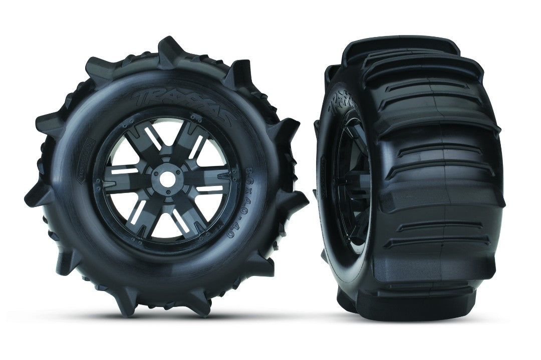 TRA7773 Traxxas Tires & Wheels, Assembled, Glued (X-Maxx Black Wheels, Paddle Tires, Foam Inserts) (Left & Right) (2)