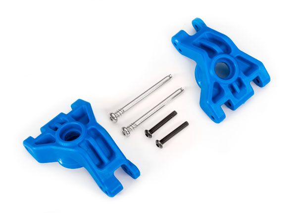 TRA9050X Traxxas Carriers, stub axle, rear, extreme heavy duty, blue (left & right)/ 3x41mm hinge pins (2)/ 3x20mm BCS (2) (for use with #9080 upgrade kit)
