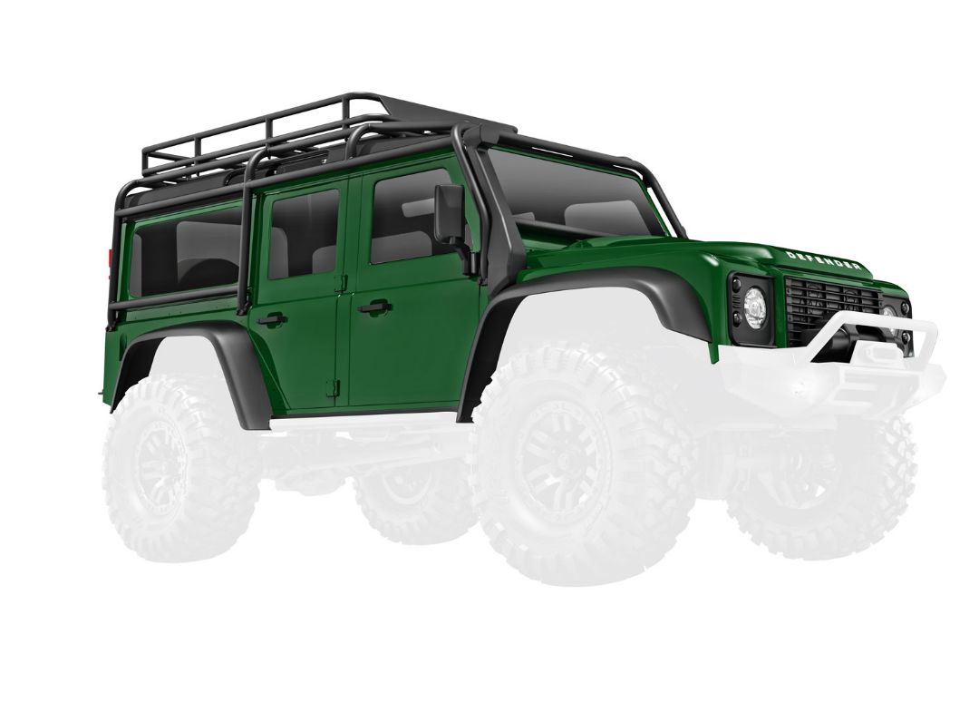 TRA9712-GRN Traxxas Body, Land Rover Defender, Complete, Green (Includes Grille, Side Mirrors, Door Handles, Fender Flares, Fuel Canisters, Jack, Spare Tire Mount, & Clipless Mounting) (Requires #9734 Front & Rear Bumpers)