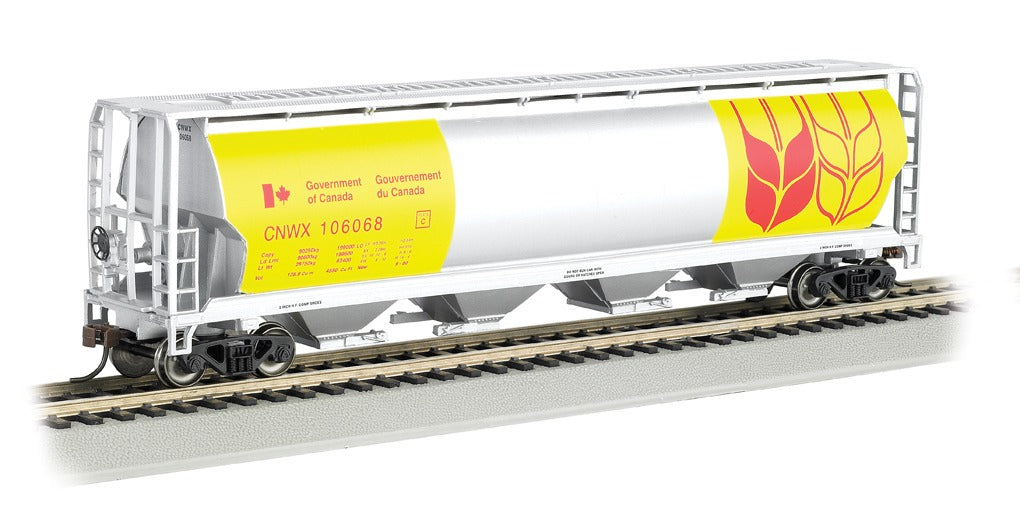 HO Rolling Canadian 4 Bay Cylindrical Grain Hopper - Government of Canada - Yellow Rd #106068