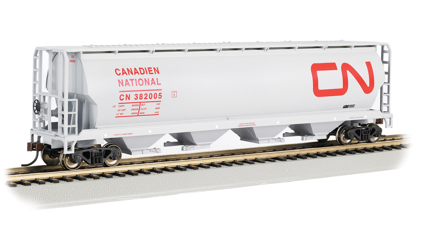 HO Rolling Canadian 4 Bay Cylindrical Grain Hopper - Canadian National #382005