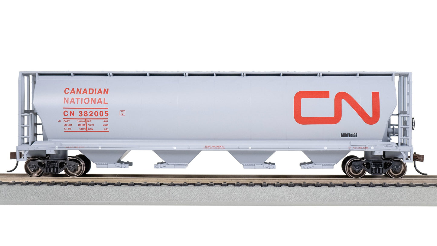 HO Rolling Canadian 4 Bay Cylindrical Grain Hopper - Canadian National #382005