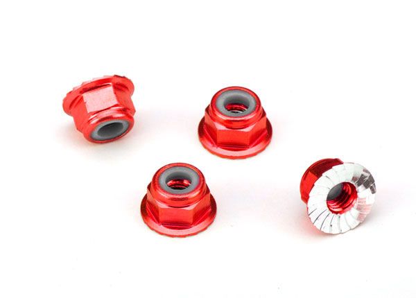 TRA1747A Traxxas 4mm Aluminum Flanged Serrated Nuts (Red) (4)