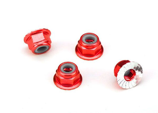 TRA1747A Traxxas 4mm Aluminum Flanged Serrated Nuts (Red) (4)