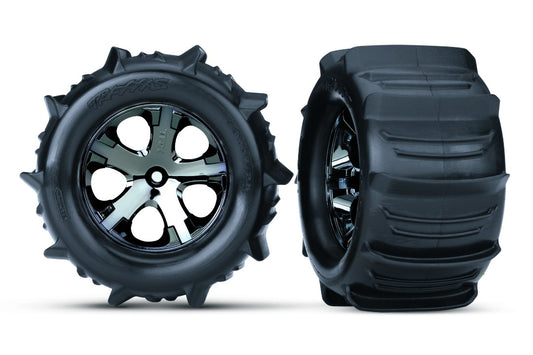 Traxxas Tires &amp; Wheels, Assembled, Glued (2.8") (All-Star Black Chrome Wheels, Paddle Tires, Foam Inserts) (Electric Rear) (2) (TSM Rated) TRA3689