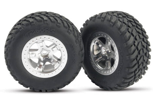 TRA5875 Traxxas Tire &amp; Wheels, Assembled, Glued. (SCT Satin Chrome, Beadlock Style Wheels, SCT off-roading Racing Tires (2)