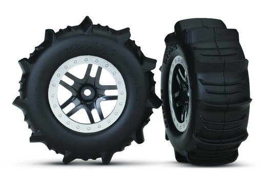 TRA5891 Traxxas Tires &amp; Wheels, Assembled, Glued (Sct Split-Spoke Satin Chrome Beadlock Style Wheels, Paddle Tires, Foam Inserts) (2) (4wd F/R, 2wd Rear) (TSM Rated)