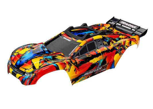 TRA6718R Traxxas Body, Rustler 4x4 VXL, Solar Flare (painted, decals applied) (assembled with front &amp; rear body mounts and rear body support for clipless mounting)