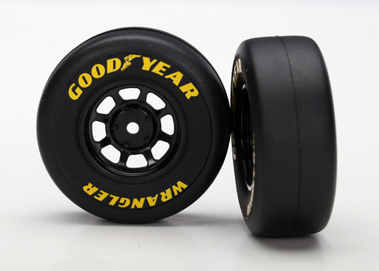 TRA7378 Traxxas Tires and wheels, assembled, glued (8-spoke wheels, black, 1.9 Goodyear Wrangler tires) (2) for 1/16th vehicles