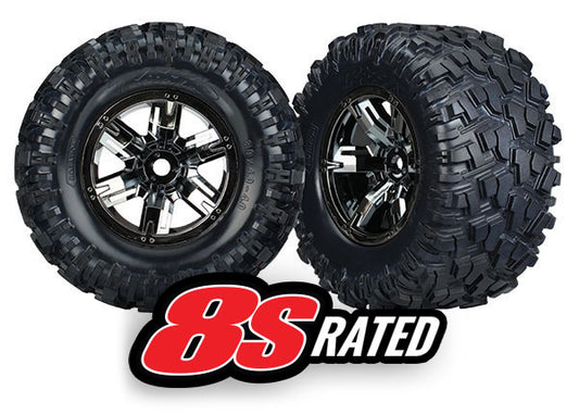 TRA7772X Traxxas Tires &amp; wheels, assembled, glued (X-Maxx black wheels, Maxx AT tires, foam inserts) (left &amp; right) (2) 8S Rated