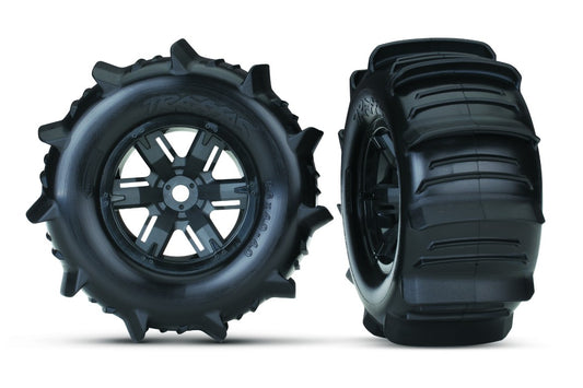 TRA7773 Traxxas Tires &amp; Wheels, Assembled, Glued (X-Maxx Black Wheels, Paddle Tires, Foam Inserts) (Left &amp; Right) (2)
