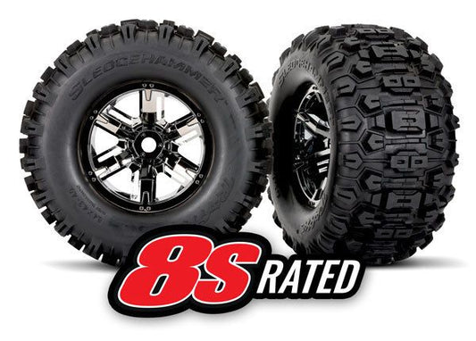 TRA7774A Traxxas Tires &amp; wheels, assembled, glued (X-Maxx black chrome wheels, Sledgehammer tires, foam inserts) (left &amp; right) (2)