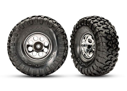 TRA8184 Traxxas Tires And Wheels, Assembled, Glued (2.2" Classic Chrome Wheels, Canyon Trail 5.3x2.2" Tires, Foam Inserts) (2)/ Center Caps (Front (2), Rear (2)) (Requires TRA8255A Extended Thread Stub Axle)